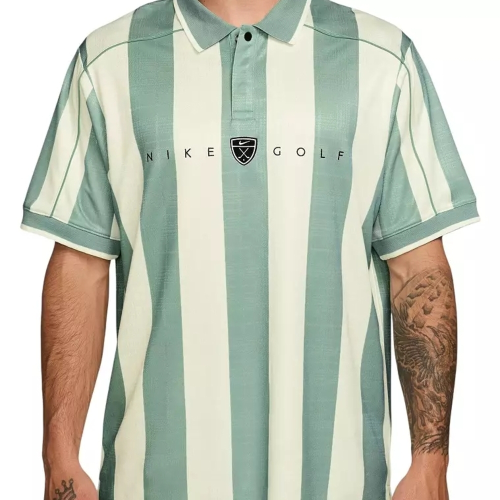 Nike Men's Sage Green and Cream Striped Polo